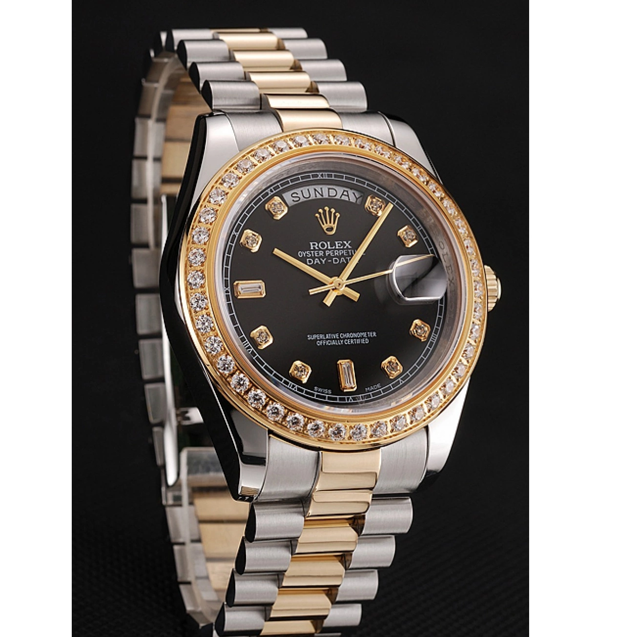 AAA Replica Watches Steel Swiss Tone Bracelet Stainless Day-Date Black 1453976 Gold Dial Case Diamond Rolex Two 0726